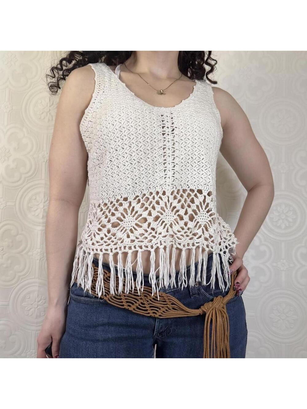 White Crochet Fringe Cropped Tank Top Fits Womens Medium Boho Festival